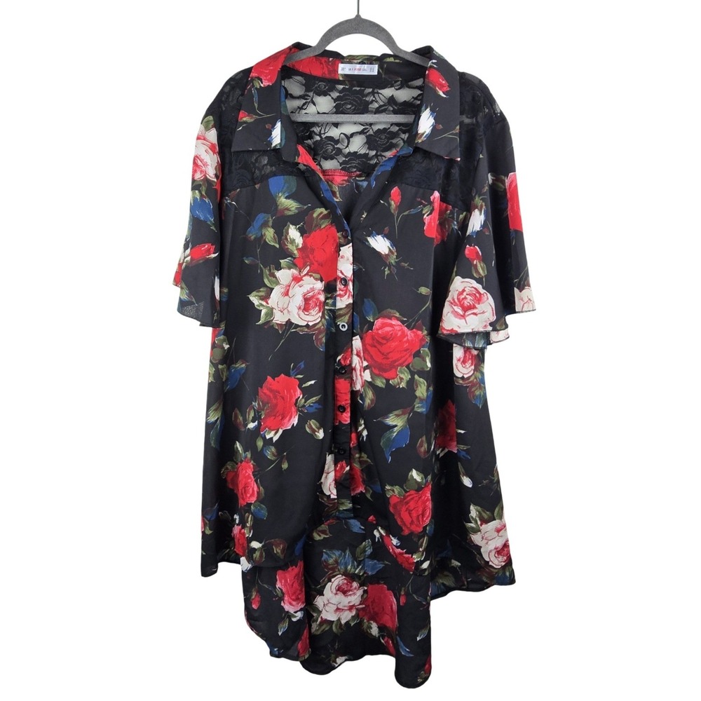 RoseGal Floral Lace Button Down Shirt Women 5X Black Red Whimsygoth Romantic